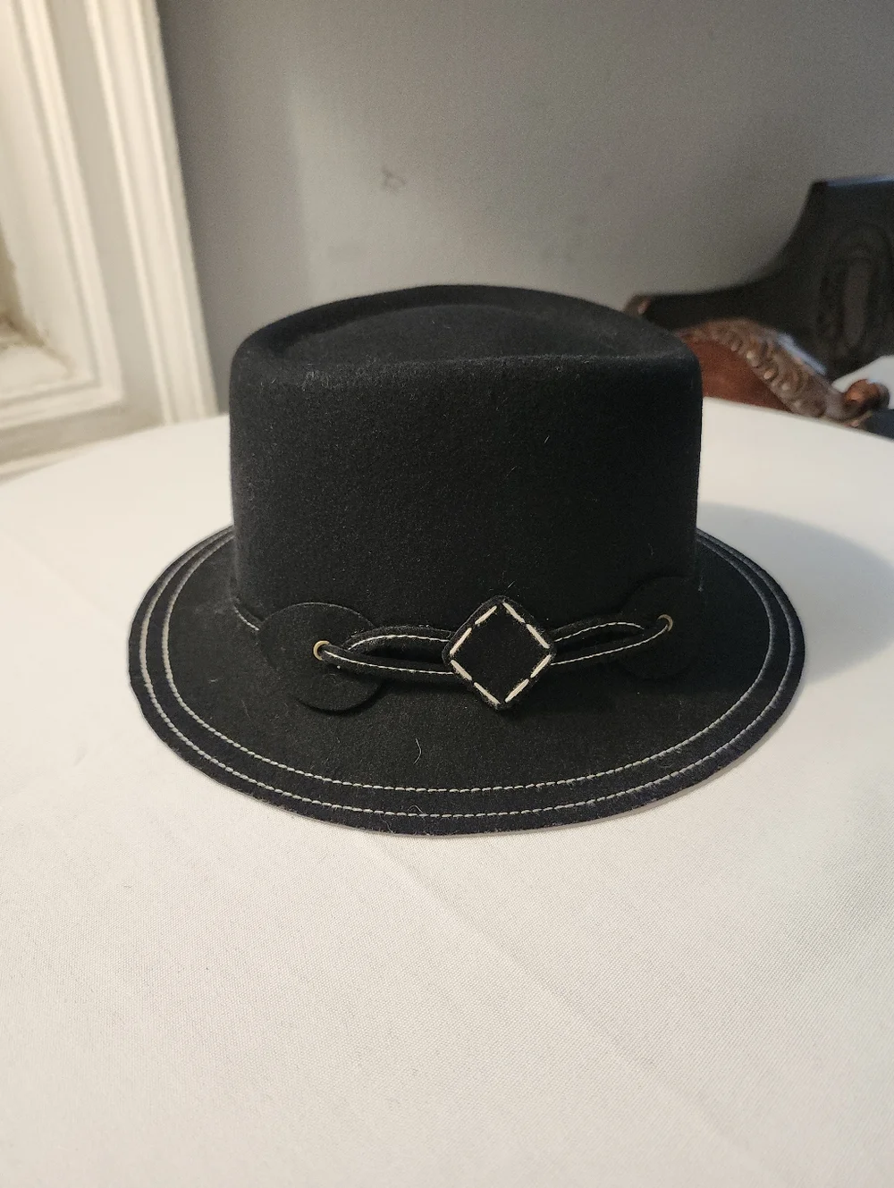 Vtg Betmar New York Black Wool Fedora Hat Contrast Stitching Narrow Brim S